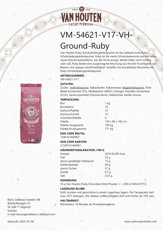 Download Produktdatenblatt Van Houten Ruby Schokoladengetränkepulver